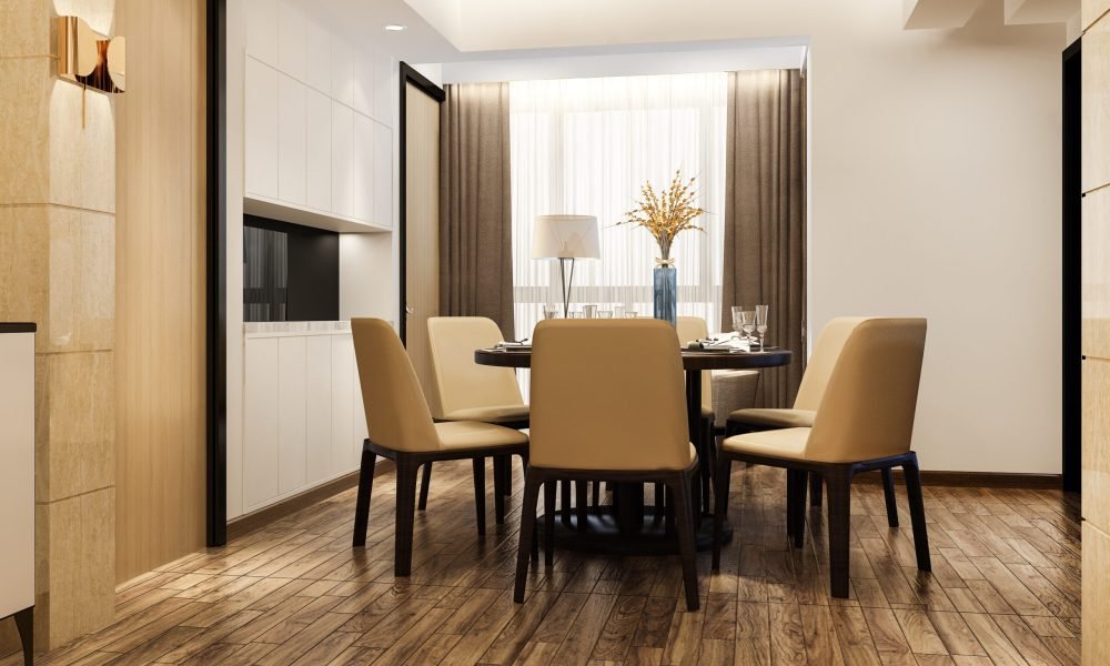 3d rendering modern dining room and living room with luxury decor